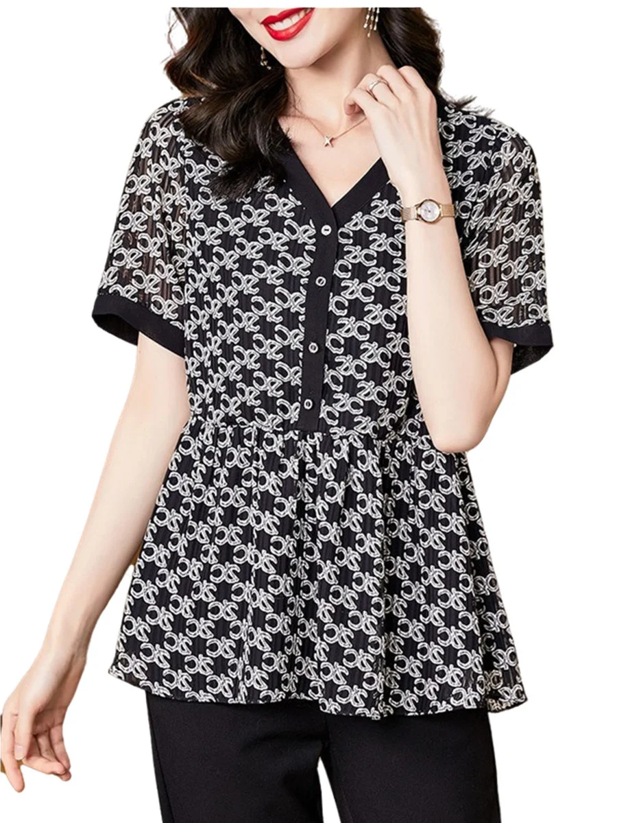 

Женская блузка с коротким рукавом, V-образным вырезом и принтом