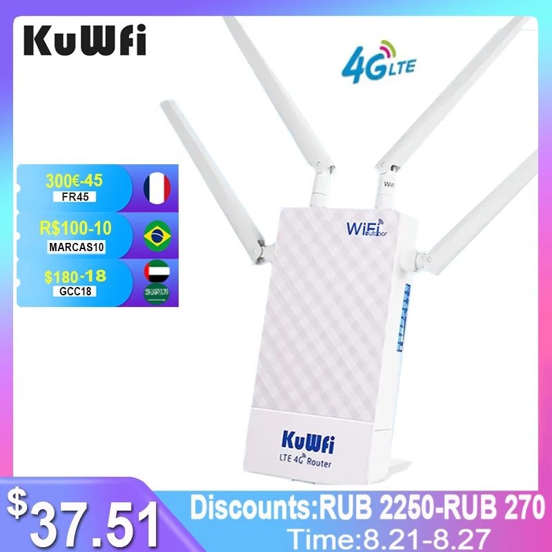 KuWFi 4G Wifi Router 150Mbps Outdoor Waterproof Router Hotspot WAN/LAN Port With SIM Card Slot Supply 10 Users With 4 Antennas