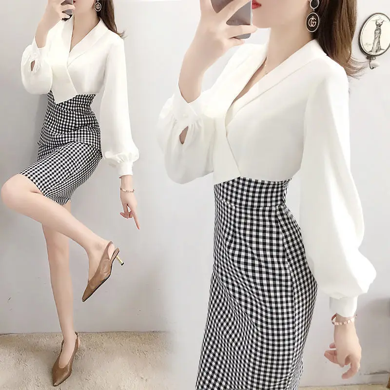 

Spring Women Office Dress Turn-down Collar Patchwork Vintage Dress Women Elegant Elastic Waist Dress Dresses for Women Party X43
