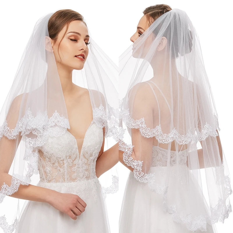 

L21E White Wedding Veil 2 Tier Ribbon Edge Center Cascade Bridal Veil with Metal Comb for Women Bachelorette Party