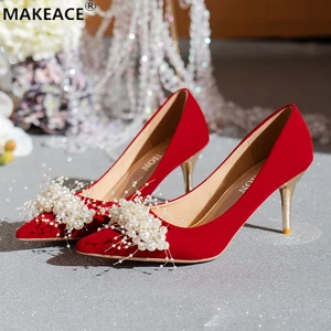 Spring Womens High Heels Fashion Red Wedding Shoes 2022 New Size 45 Pearl Accessories Sexy Stiletto Party Dress Womens Shoes