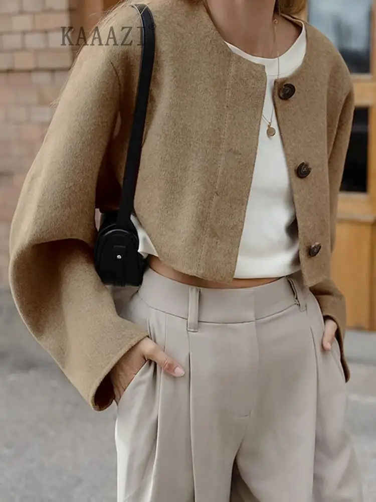 

Повседневное женское короткое пальто KAAAZI, осенняя Новая модная однотонная женская одежда с длинным рукавом и круглым вырезом, трендовый Топ, однобортное пальто