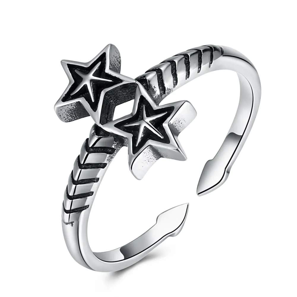 

Vintage-inspired Double Five-pointed Star Personality Sterling Silver Ring SVR258