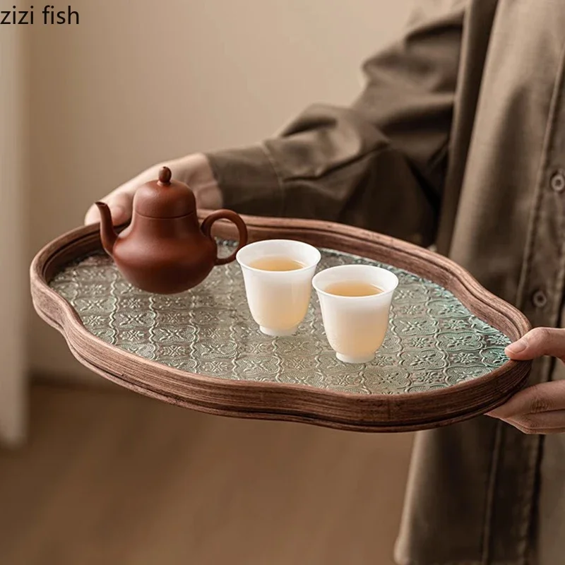 Винтажный стеклянный бамбуковый поднос для чая фруктов торта стеклянные подносы