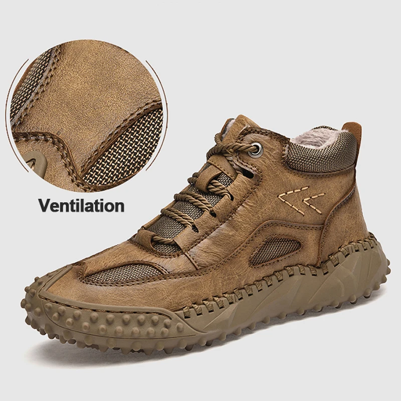 Xiaomi Winter Outdoor Hiking Shoes Men Fashion Casual Shoes Leather Handmade High Top Sneakers Anti-Slip Wear Plush Sports Shoes