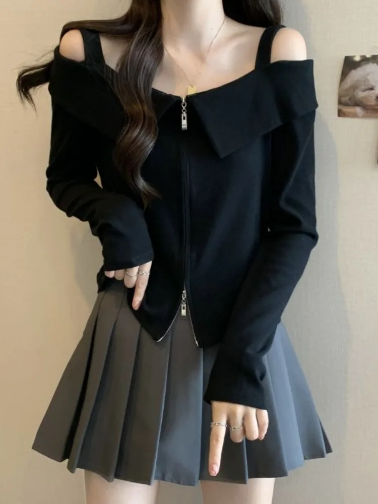 Women clothes Double Zipper off-Shoulder Knitted Long sleeve Bottoming Shirt Autumn Black Slimming Pure Desire Double-Strap o... |