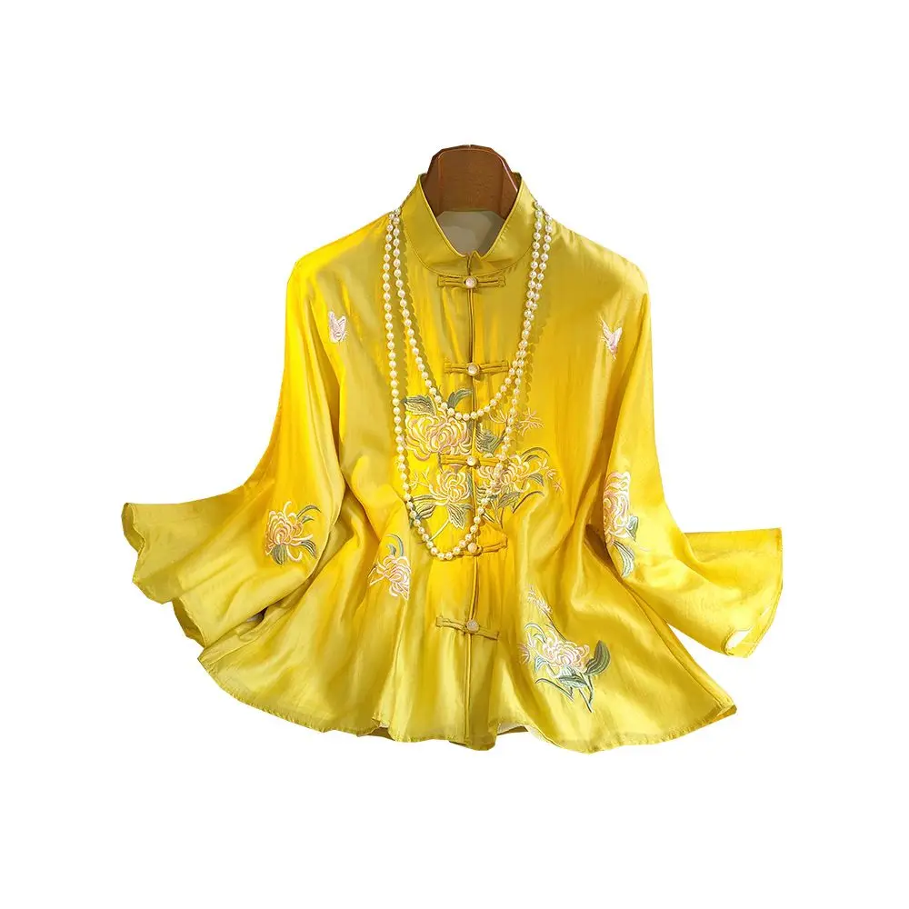 Женская рубашка с вышивкой на пуговицах в стиле ретро желтый Улучшенный