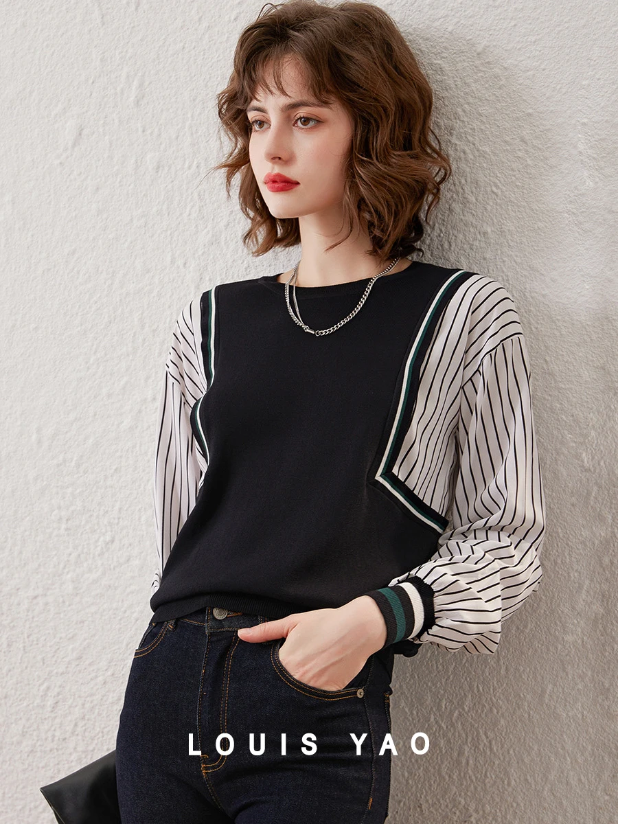 Женский трикотажный пуловер с круглым вырезом и длинным рукавом