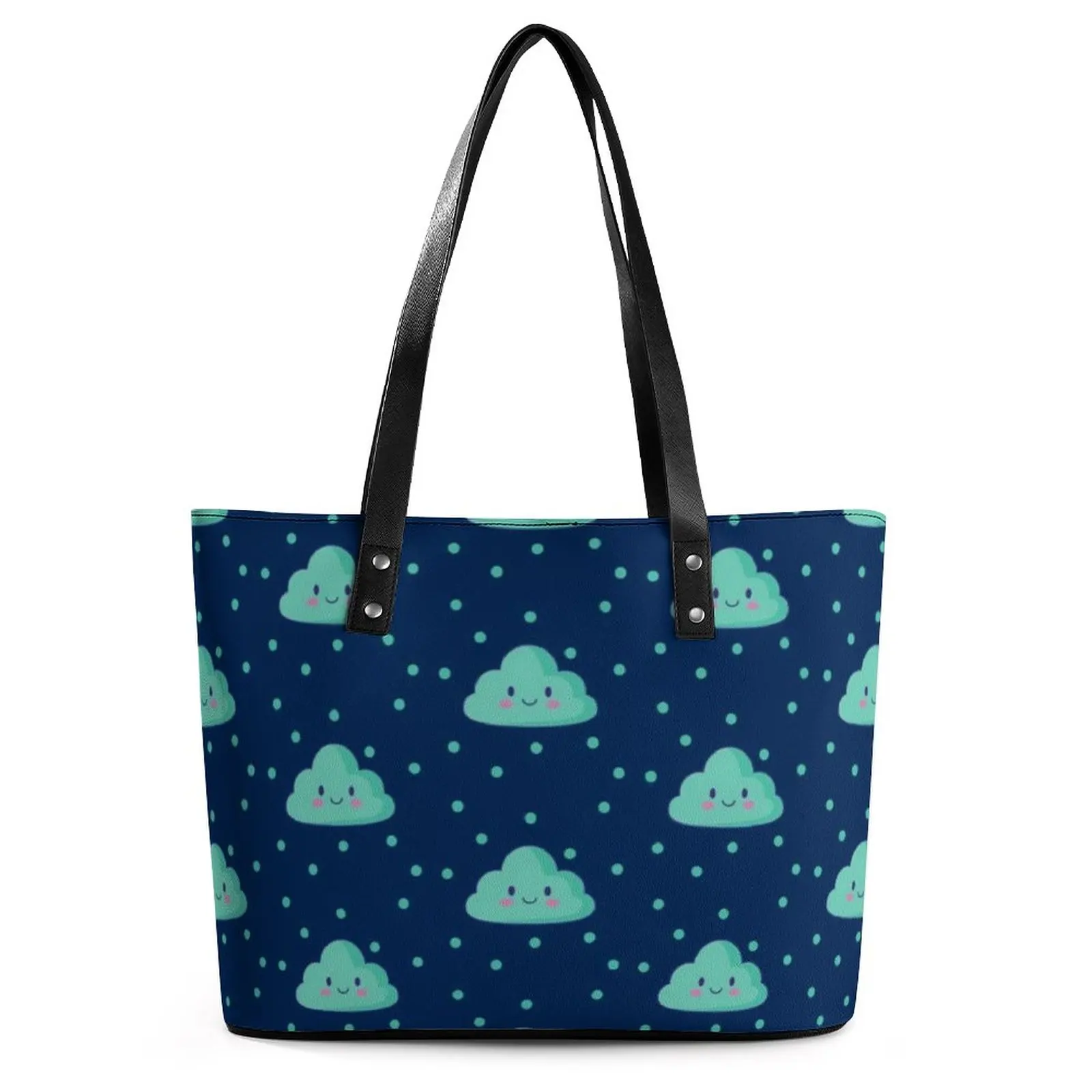 

Kawaii Cloud Handbags Student Polka Dots Print Tote Bag Aesthetic Grocery Shoulder Bag Handle Graphic PU Leather Shopping Bags