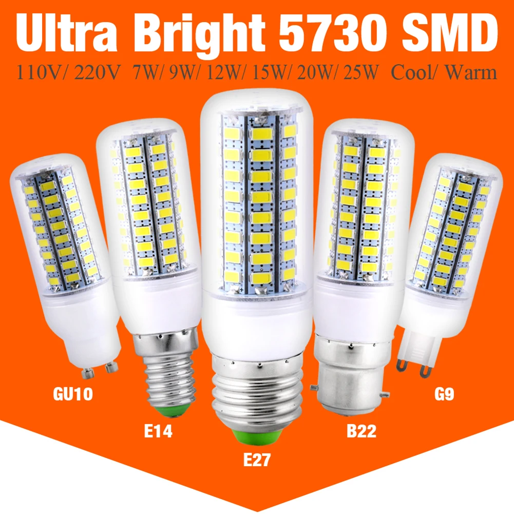 

E27 E14 G9 GU10 B22 LED Corn Bulb 24 36 48 56 69 72 LEDs SMD 5730 220V Lampada LED Lamp Chandelier Candle LED Light Bombilla