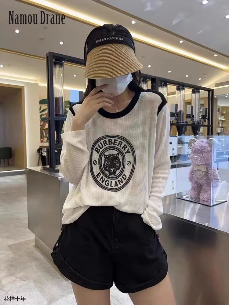 

Namou Drane Patchwork Color Print Long Sleeve T Shirt for Women 2022 New Loose Slimming Medium Long Style Sun Tide