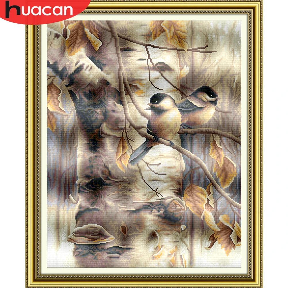 HUACAN-lienzo blanco con una imagen de un árbol y pájaro, Juegos de costura de punto de Cruz para juegos de bordado, 14CT, decoración para el hogar, 40x50cm