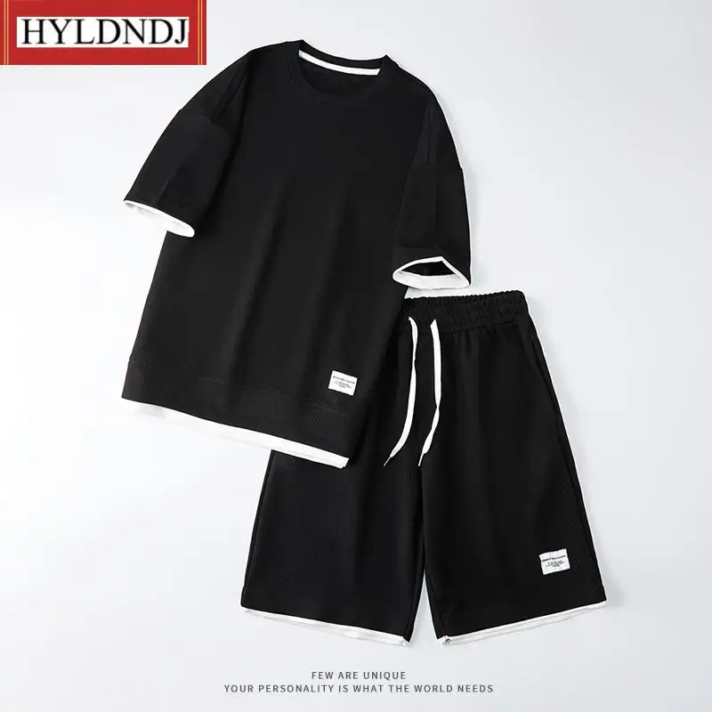 Men's Sets Simple Short Summer Waffle Casual Set Clothing Loose O-Neck T Shirts and Shorts Home Streetwear Colors Plus Size 4Xl