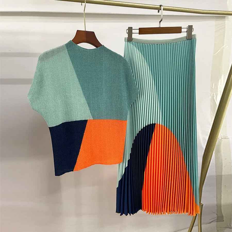 Женский летний костюм миаке комплект из 2 предметов топ с коротким рукавом и юбка