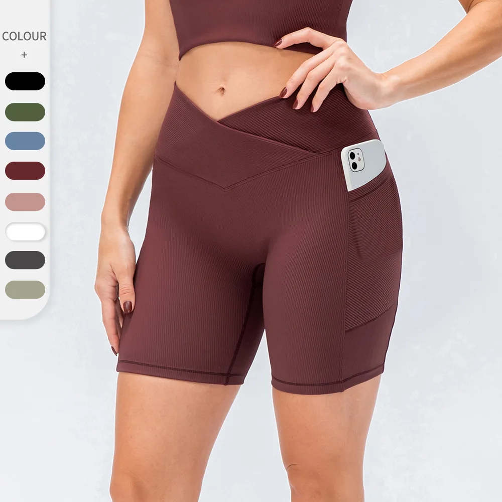 

New Women's Yoga Shorts Cross Waist Tight Fitness Pants Pocket High Waist Hip Lifting Running Shorts
