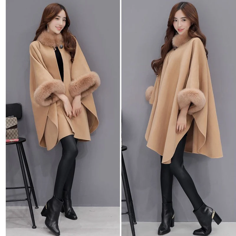 New fox fur collar women jackets and coats long woolen coats cape cloak jacket female fox fur overcoats thick winter Coat ladies