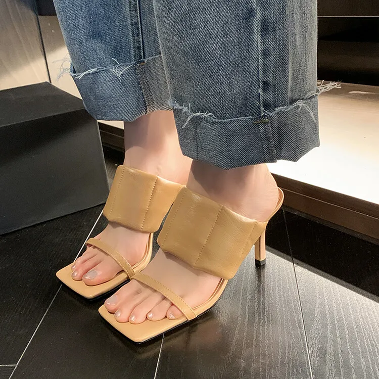 

Square Toe Apricot Leather Women Slippers 2022New Design High Heels 8cm Prom Party Pumps Black Summer Slides Sandalias Femmes