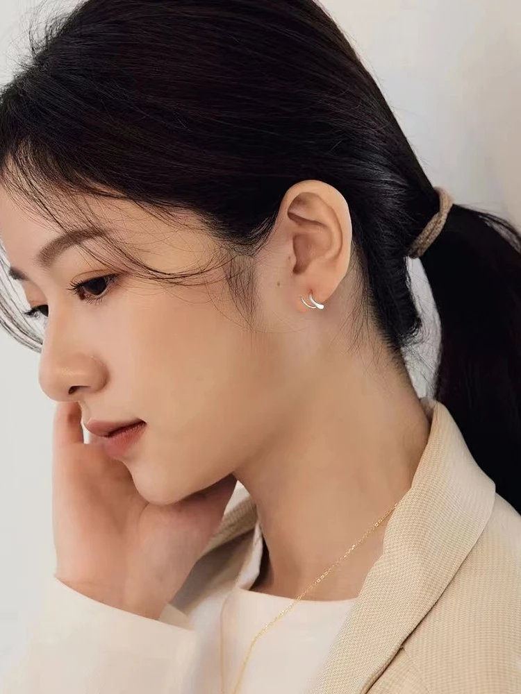 S999 Silver High-Grade Simple Wave Stud Earrings Women Sterling Square round Face Anti-Allergy Ear Care