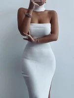 sunny y j knit strapless party dress women side split maxi solid turtleneck off shoulder bodycon stretchy skinny club outfits