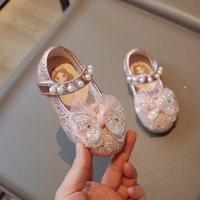 

Children Girl Glittering Leather Shoes Lace Bowknot Pearl Shallow Pink Princess Shoes Cute Kid Soft Soled Bling Dance Mary Janes