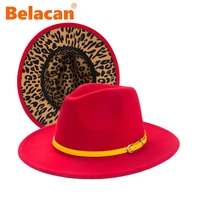 women hat wide brim solid leopard bottom fedora ladies wool felt hats for men party trilby jazz church hats patchwork panama cap