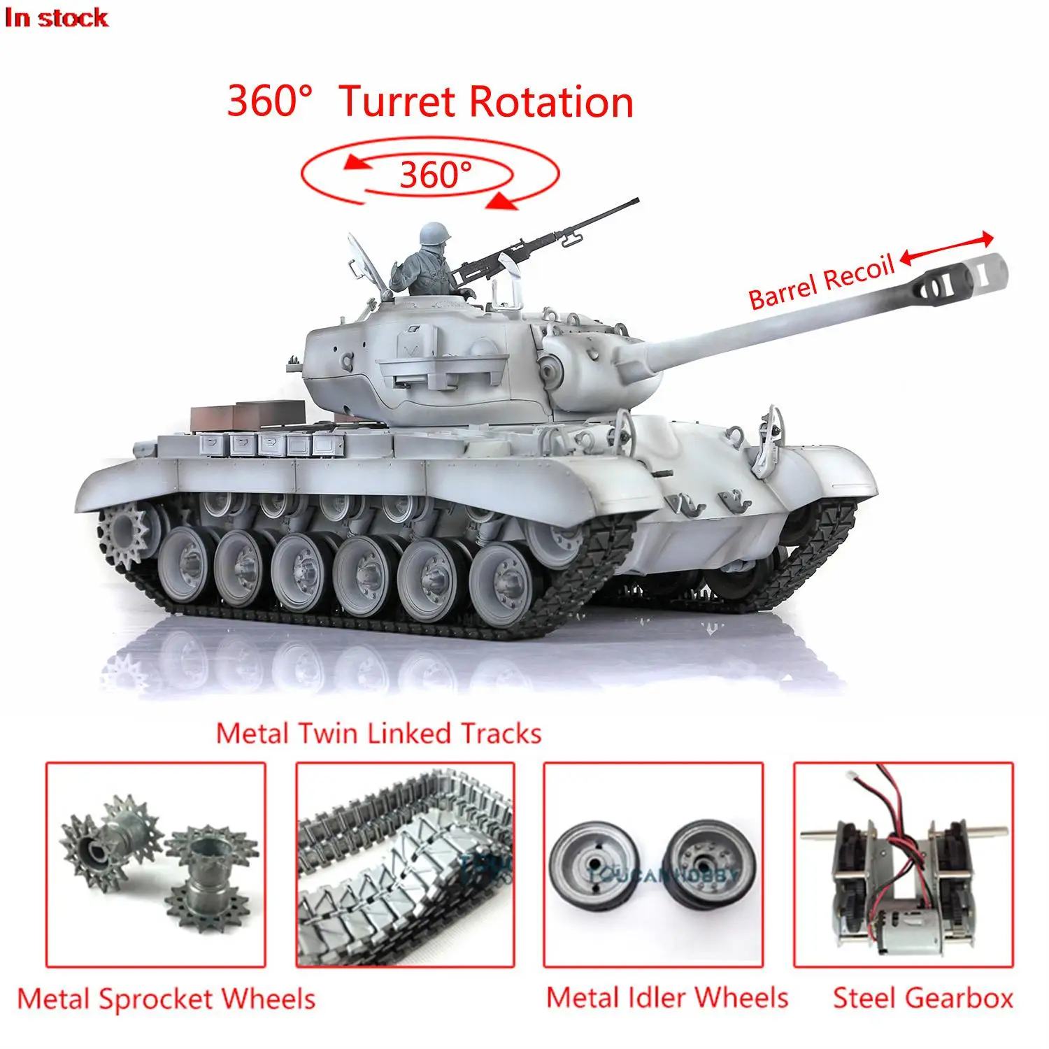 

HENG LONG 1/16 7.0 Upgraded Metal M26 RTR Army RC Tank 3838 Barrel Recoil 360° Turret Steel Gearbox BB Pellet Smoking TH20330