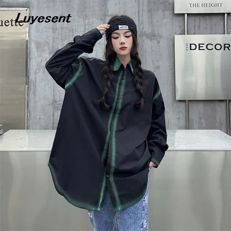 

Женская свободная рубашка, однобортная рубашка контрастных цветов с отложным воротником и длинными рукавами, повседневный топ в стиле Харадзюку, осень 2023