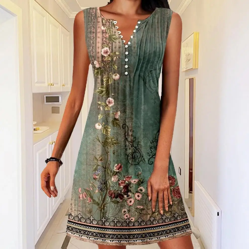 

Women Floral Print Dress Vintage Elegant Pleated Long Sleeve Casual Dresses Female V Neck Loose Bohemian Beach Holiday Dresses