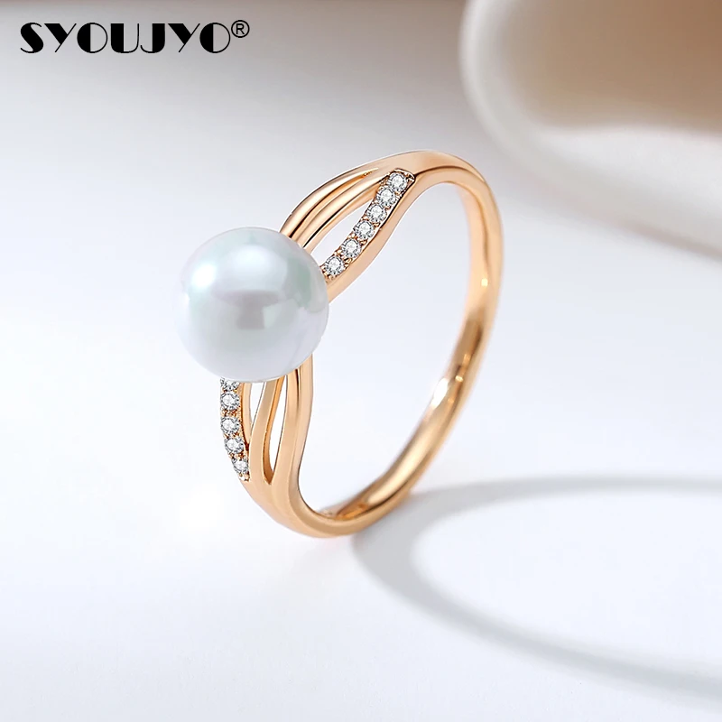 

Big Pearl 585 Rose Gold Color Rings For Women SYOUJYO Original Design Natural Zircon Paved Vintage Jewelry Daily Easy Matching
