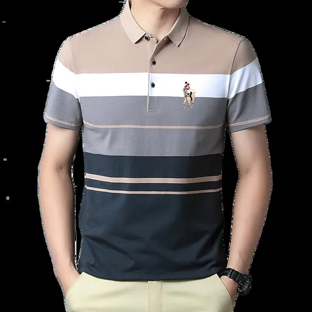 Embroidered logo Summer men's striped polo shirt New cotton short sleeved T-shirt Men's casual business top Golf