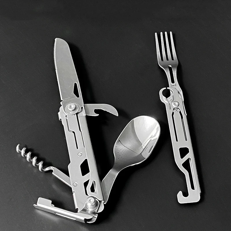 Folding Cutlery Stainless Multifunction Pocket Knife Portable Camping Multitool Outdoor Cutter Fork Spoon Corkscrew Tableware