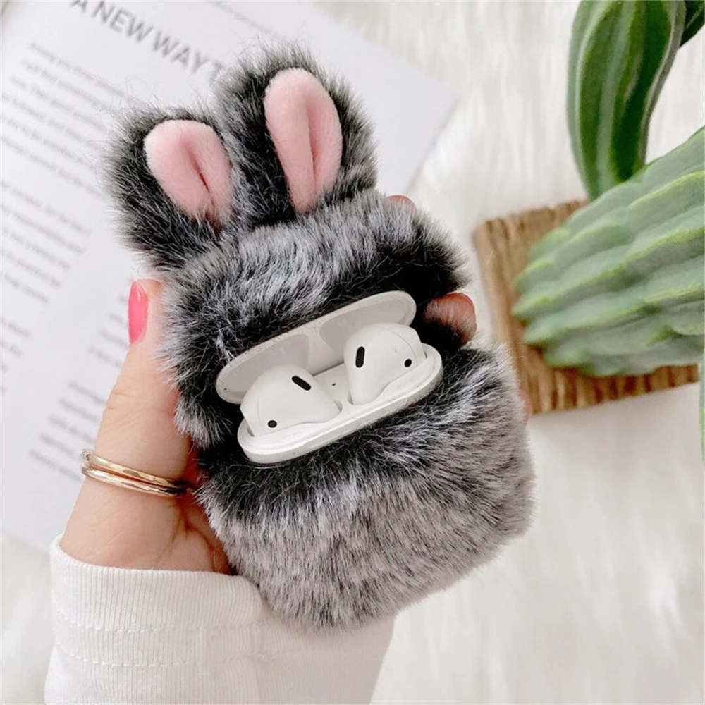 

Cute Plush Rabbit Ear Protector Case for Apple AirPods 1 2 Wireless Charging Box Soft Fluffy Plush Protective Cover for Airpods