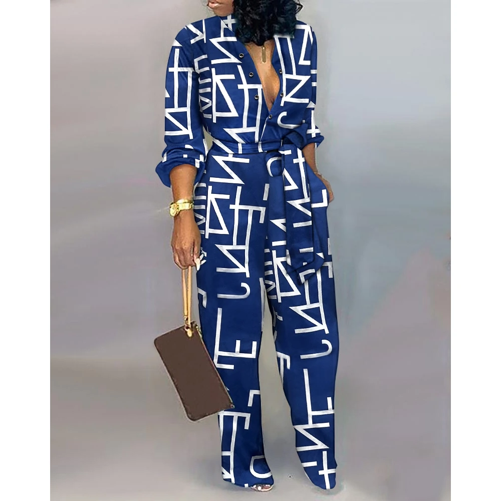 Autumn Women's Letter Print Jumpsuit 2022 New Femme Long Sleeve V-Neck Casual Ladies Elegant Button Front Belted Jumpsuit Office