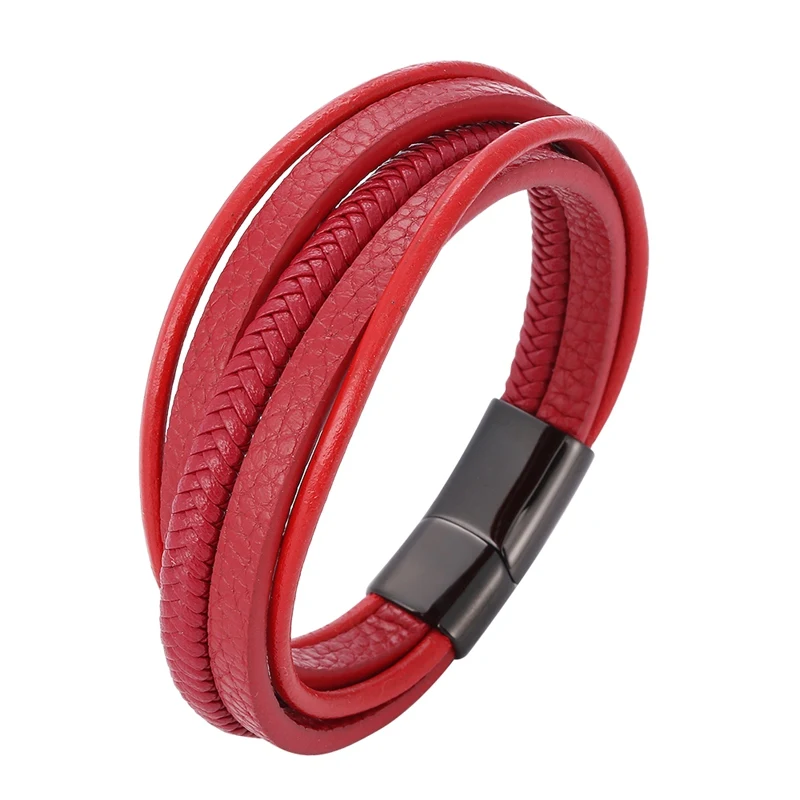 Trendy Red Leather Bracelets Men Stainless Steel Multilayer Braided Rope Bangles for Male Female Wristband Jewelry Gifts SP1076
