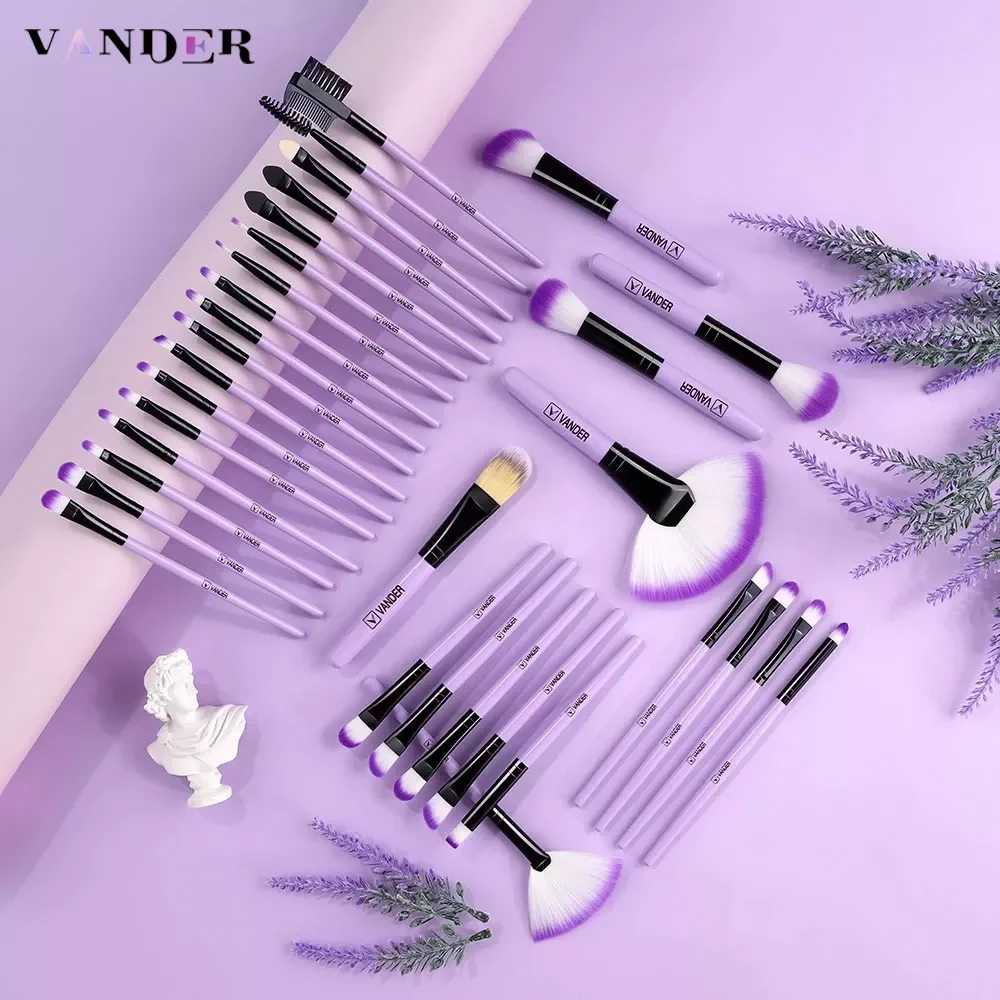

NEW2023 32 Pcs PRO Makeup Brushes Set Purple Wooden Handle Soft Synthetic Kabuki Cosmetic Eyebrow Shadow Blush with Bag