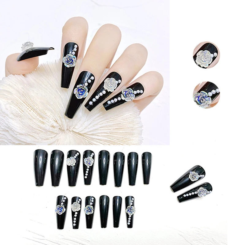 

Nail Art Press on False Nails Long Fake Nails Set French Camellia Diamond Shiny Nail Decoration Full Cover With Glue Accessories