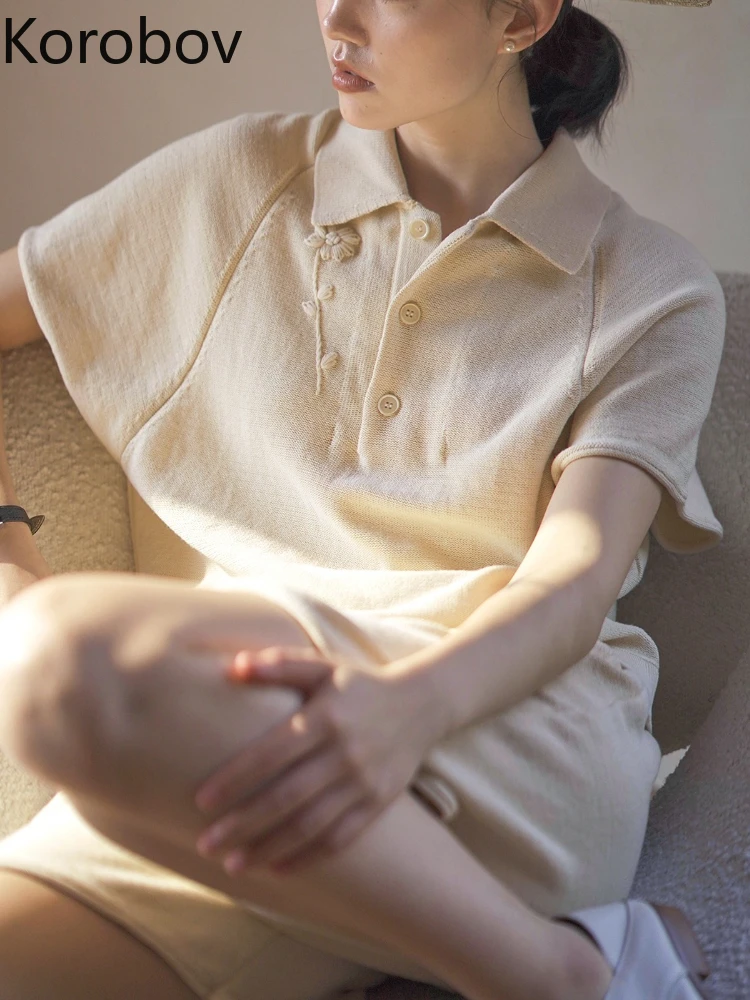 

Korobov Vintage Summer Office Lady Loose Comfortable Temperament Simple Two Piece Sets Womens Outifits Hook Flower Short Sleeve