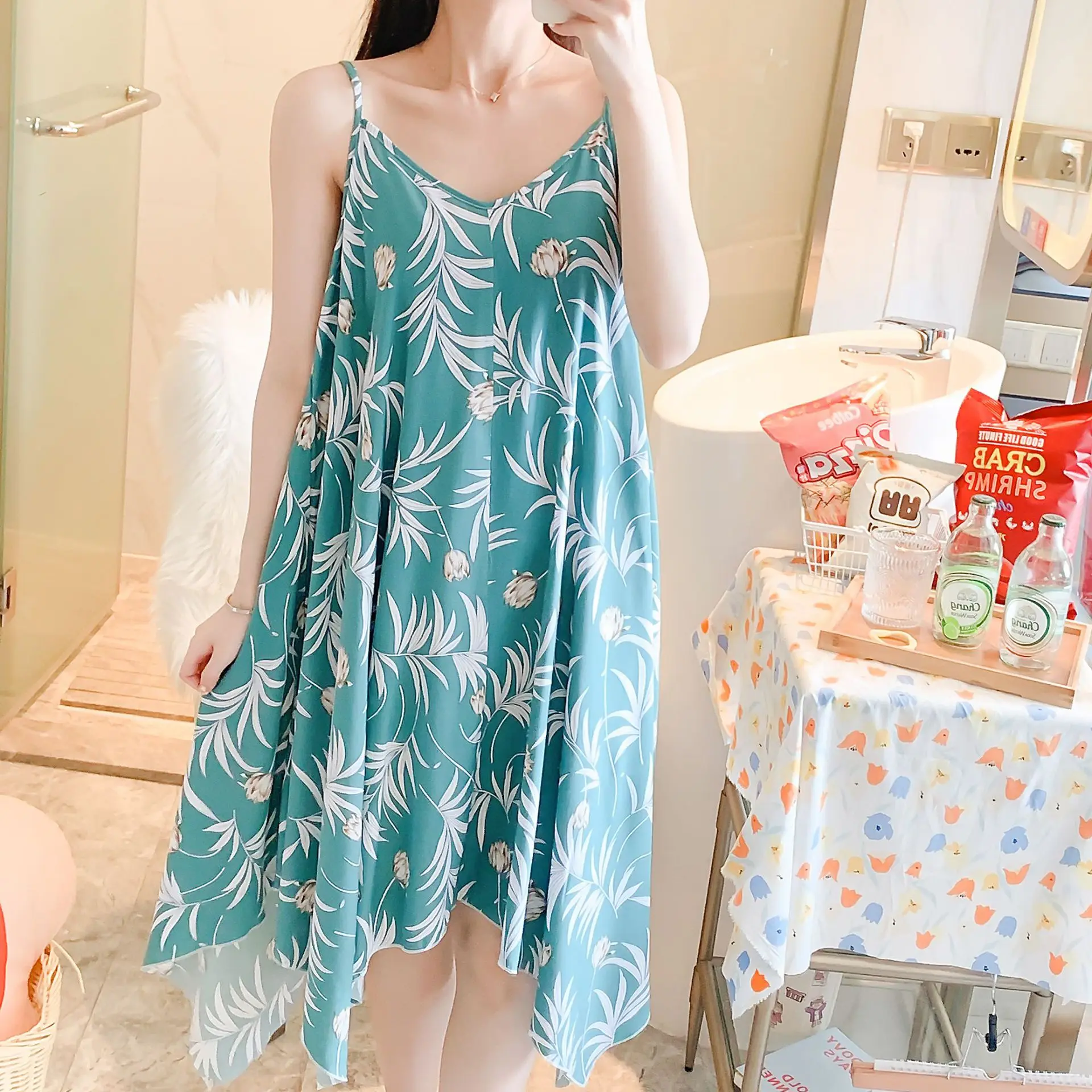 Summer New Women's Nightdress Suspenders Thin Loose Large Size Home Service Sexy Nightwear Sleep Tops Sleepwear Women