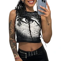 women clothing polyester casual tank tops rhinestone eye pattern sleeveless round neck crop tops for dating travel
