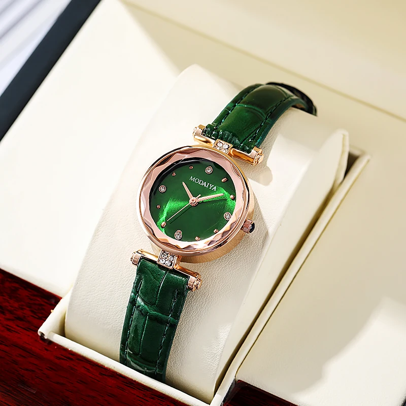 Fashion 2022 New Dress Watches For Women Girls Trendy Green Leather Strap Wrist Watch uhren damen наручные часы Waterproof Saat