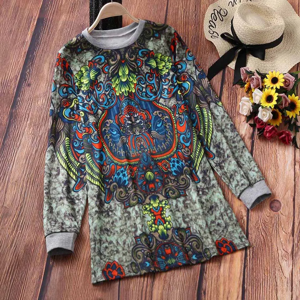 

Women Fashion O-Neck Print Long Sleeve Shirt Strapless Loose Pullover Top Blouse