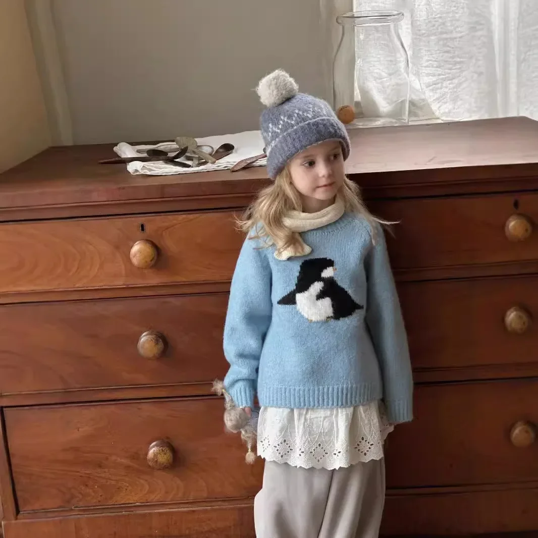 Autumn Winter Cute cartoon penguin knitted wool sweaters Girls Boys soft knitwears Pullovers