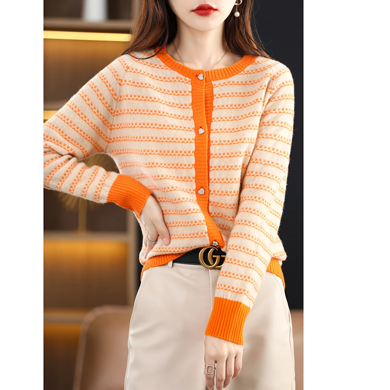 

Новинка Осень-Зима 100% кардиган из чистой шерсти Женское пальто в полоску с круглым вырезом и длинным рукавом свитер Свободный вязаный Топ