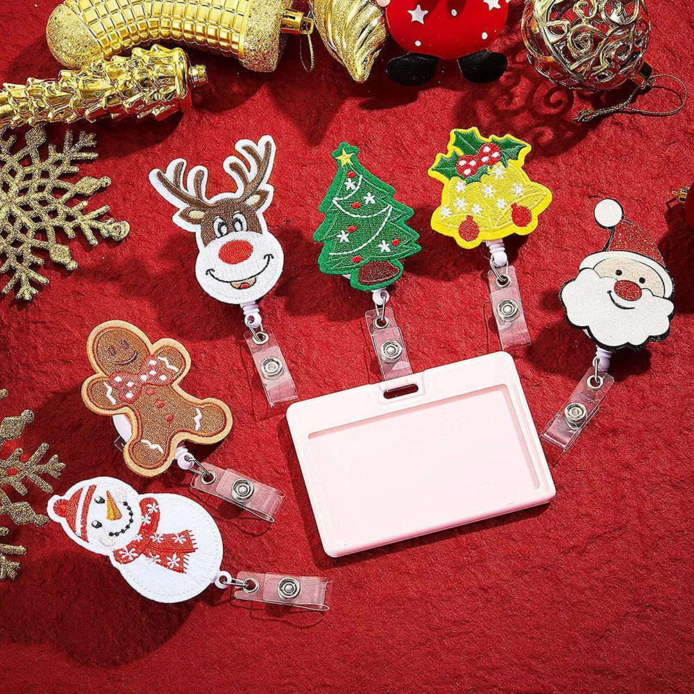 

Christmas Badge Reel Clip Holder Cartoon Embroidery Felt Retractable Telescopic Buckle ID Card Holder Xmas Decoration Gift