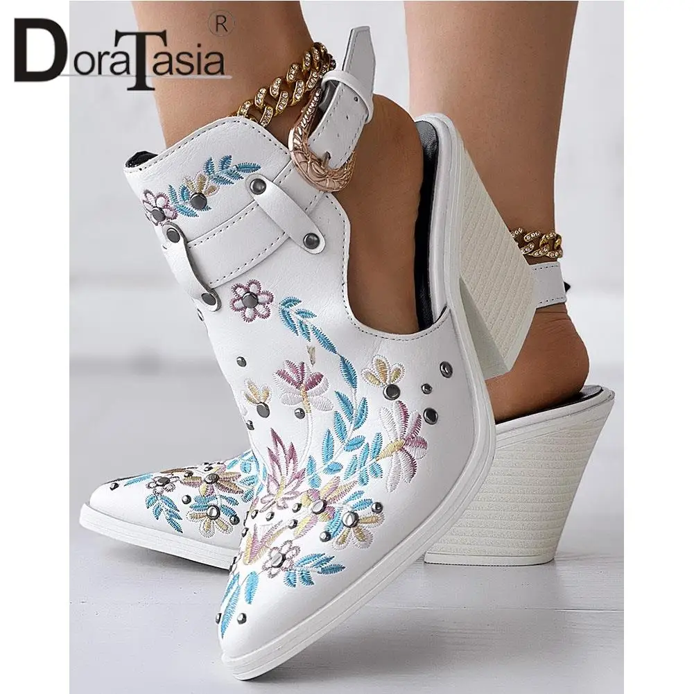 Brand New Ladies Pointed Toe Slingback Pumps Fashion Buckle Embroider Flower Chunky High Heels women's Pumps Party Woman Shoes
