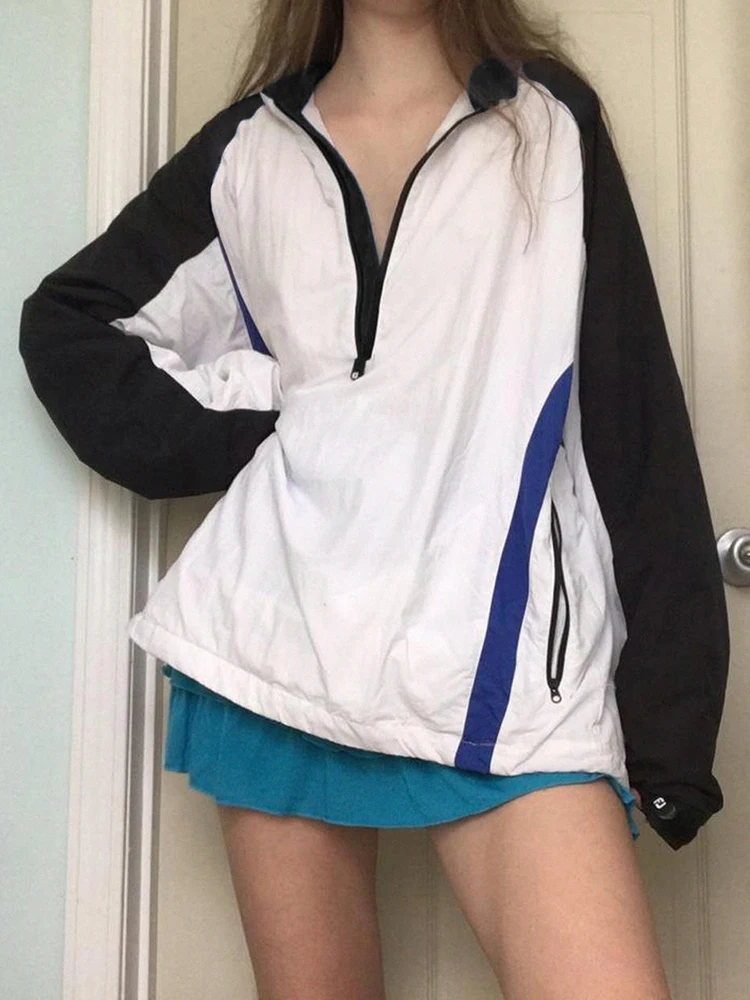 

Sunny Contrast Patchwork Baggy Preppy Style Autumn 2022 Women Tops Woven Long Sleeve V Neck Casual Fashion Streetwear Outwear