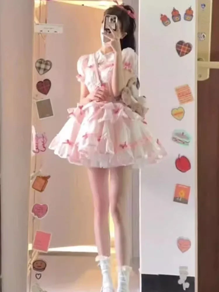 Женское кружевное платье на бретельках розовое в стиле Харадзюку с бантом модное