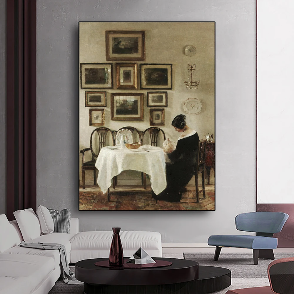 

Danish Retro Portrait Of Mother Holding Her Baby In The Living Room Art Poster Canvas Painting Bedroom Interior Wall Decoration