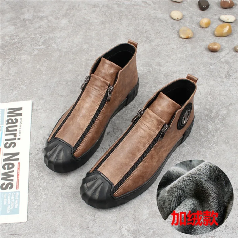 Мужские высокие повседневные ботинки на молнии черные флисовые плоской