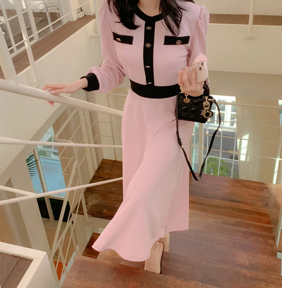 

Корейское винтажное трикотажное розовое платье, элегантное осеннее плиссированное платье-трапеция с длинным рукавом, милое слитное платье в стиле пэчворк, платье 2023